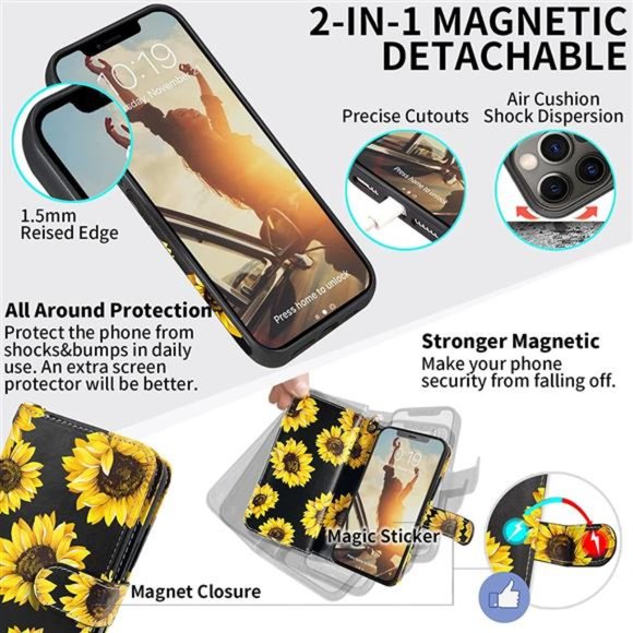 For iPhone 12 Pro Max Sunflower Case Wallet-Magnetic Detachable 2 in 1 Leather - Picture 3 of 7